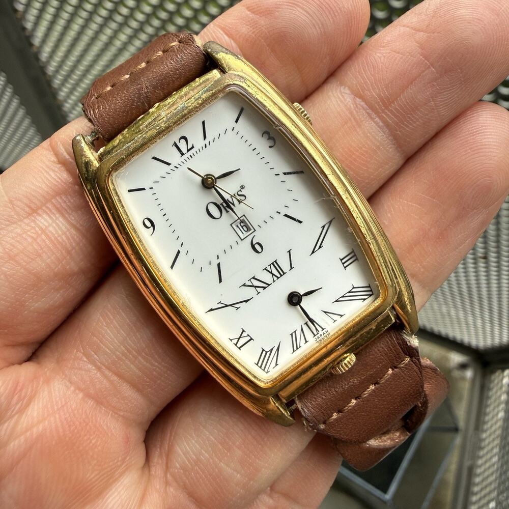 Vintage Orvis Dual Time Gold Plated Men’s Dress Wrist Watch Woven Brown Bracelet
